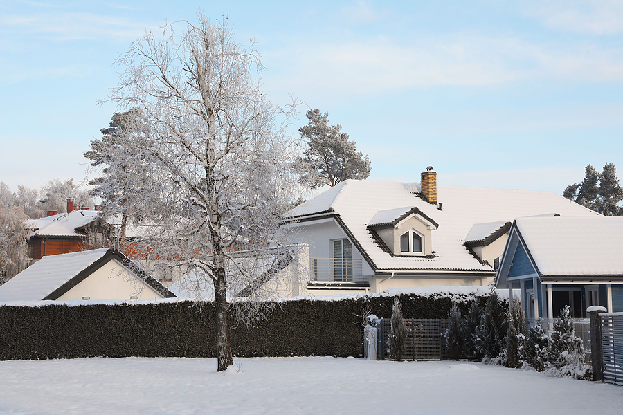 Winter Landscape With Beautiful Houses, Trees And Bushes In Morn