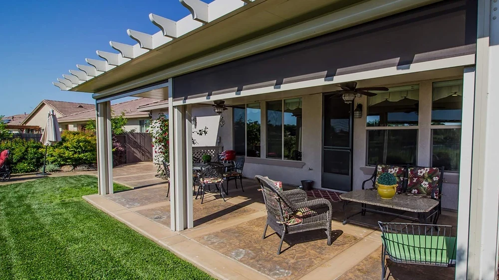 patio cover covering a patio with furniture