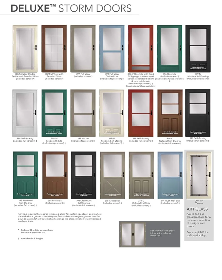 an image displaying multiple storm doors in various colors