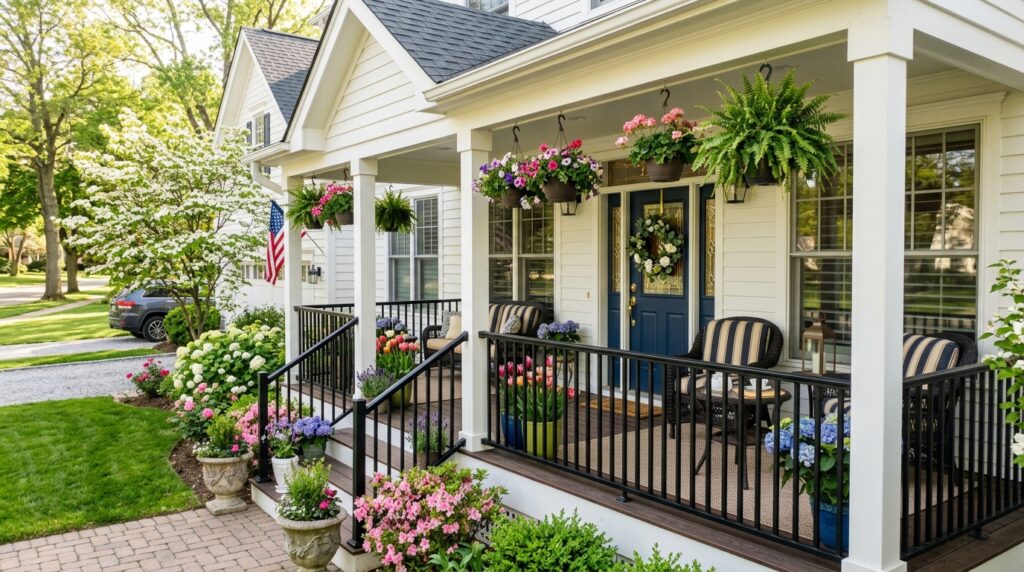 Home exterior with spring flowers