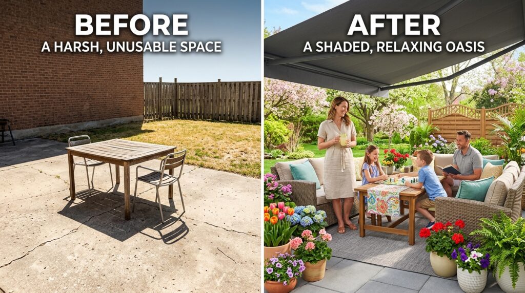 Patio before and after adding shade