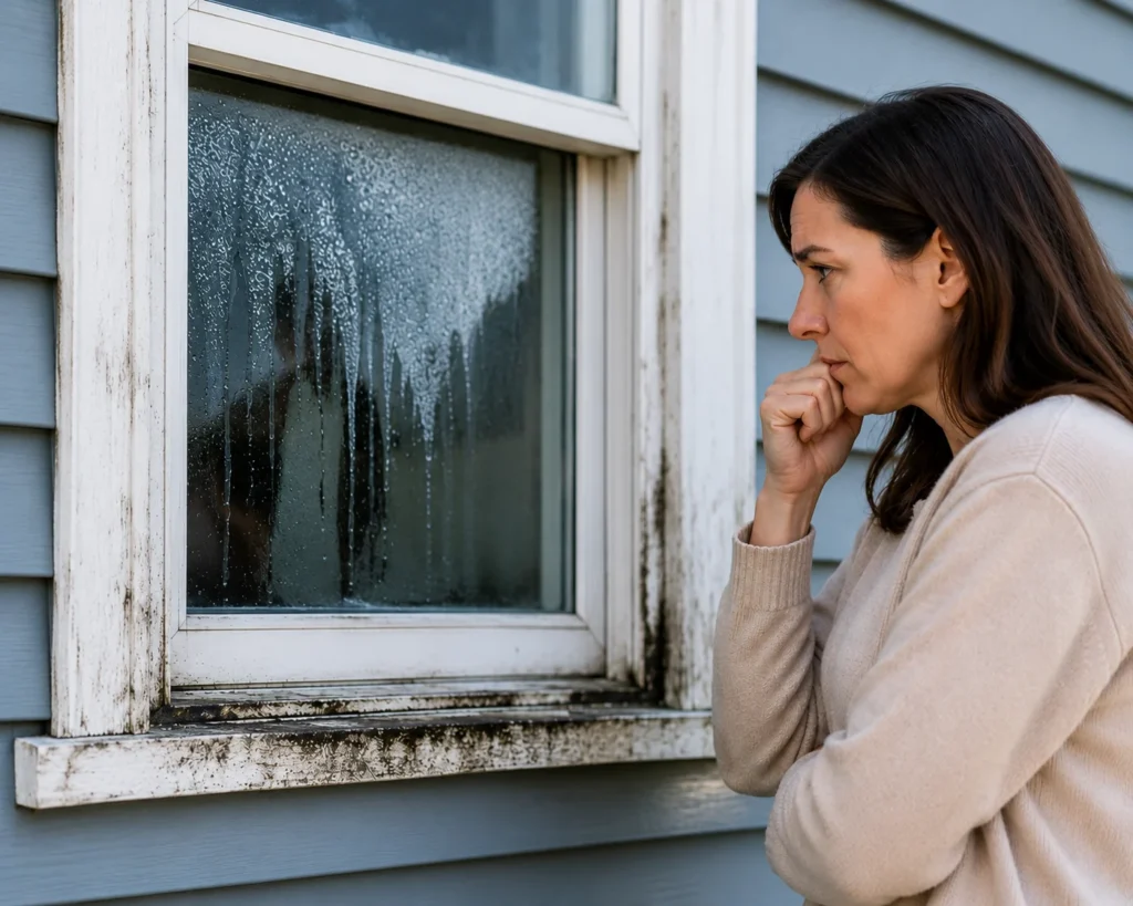 Homeowner looking at an old window with peeling paint and moisture damage