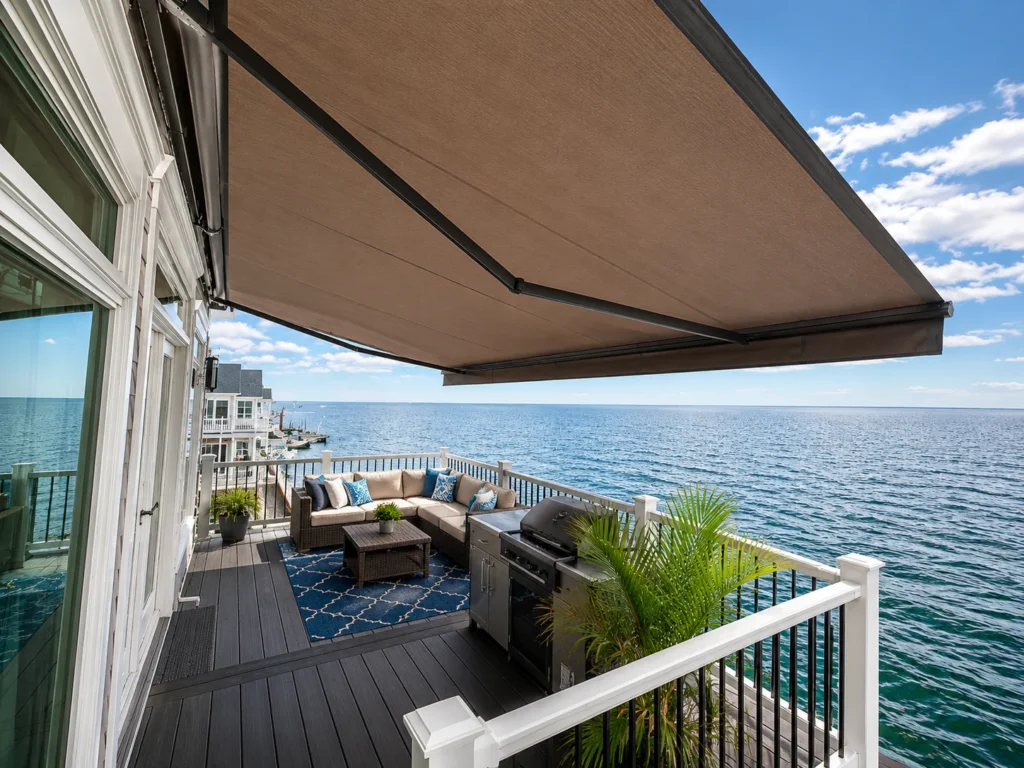 Brown retractable awning shading a deck with outdoor seating overlooking the water