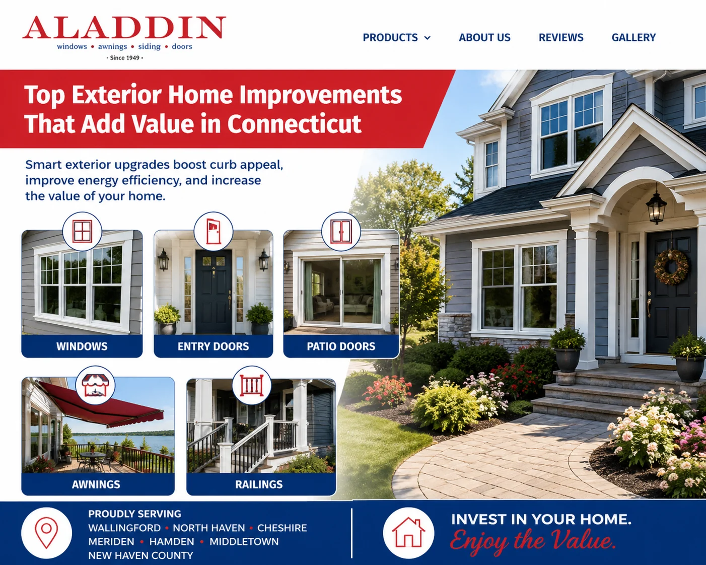 Aladdin graphic of exterior improvements that add value, shown on a gray Connecticut colonial
