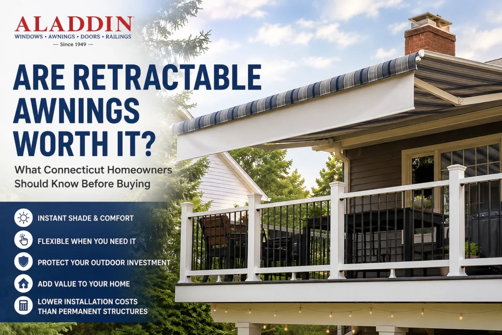 Retractable awning over a raised deck with white railings