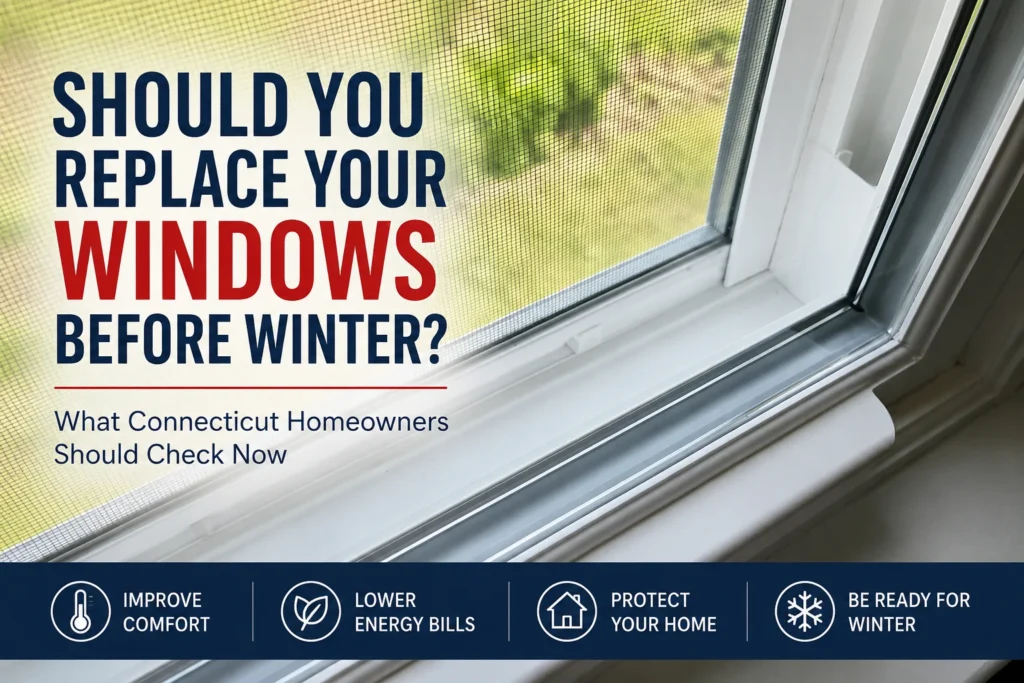 Close-up of a white vinyl window frame with the question of replacing windows before winter