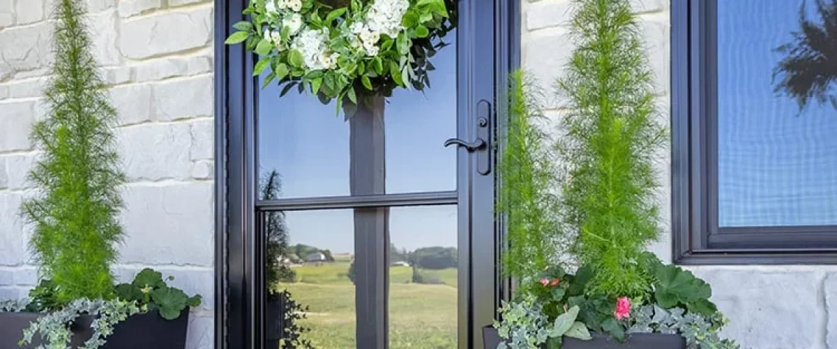 brown storm door with large window