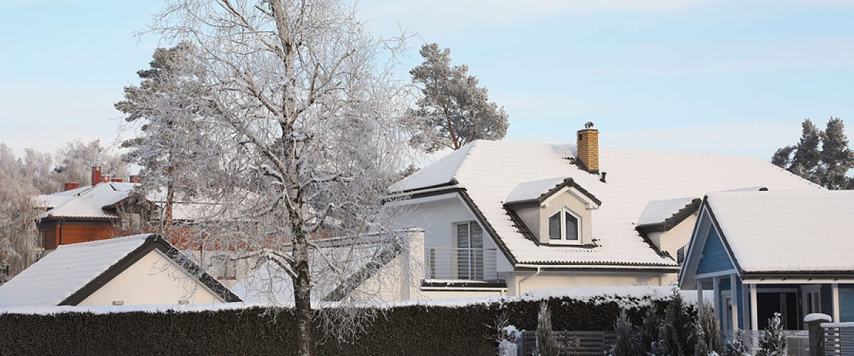 Winter Landscape With Beautiful Houses, Trees And Bushes In Morn