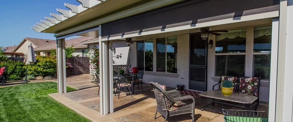 patio cover covering a patio with furniture