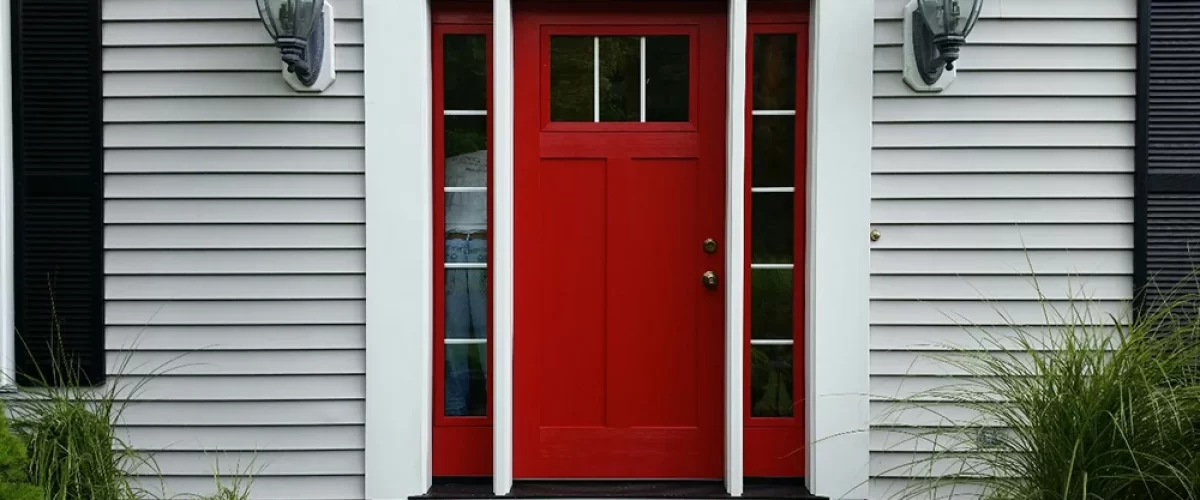 red entry door with a three panel window and five pane side panels